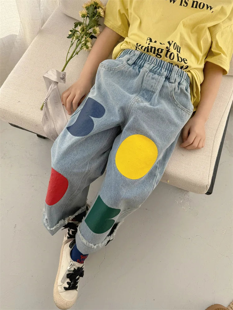 Color Printed Denim Trousers